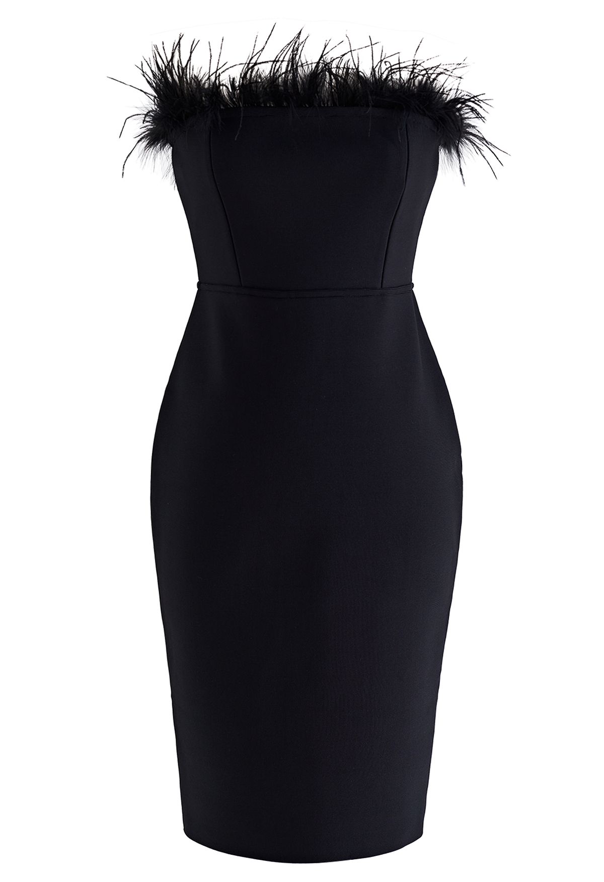 Feather Trim Bodycon Tube Cocktail Dress in Black