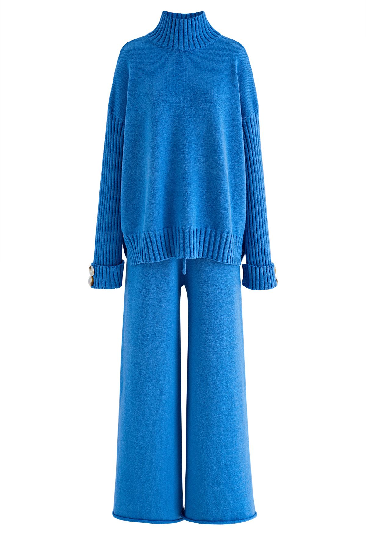 High Neck Buttoned Cuff Sweater and Knit Pants Set in Blue