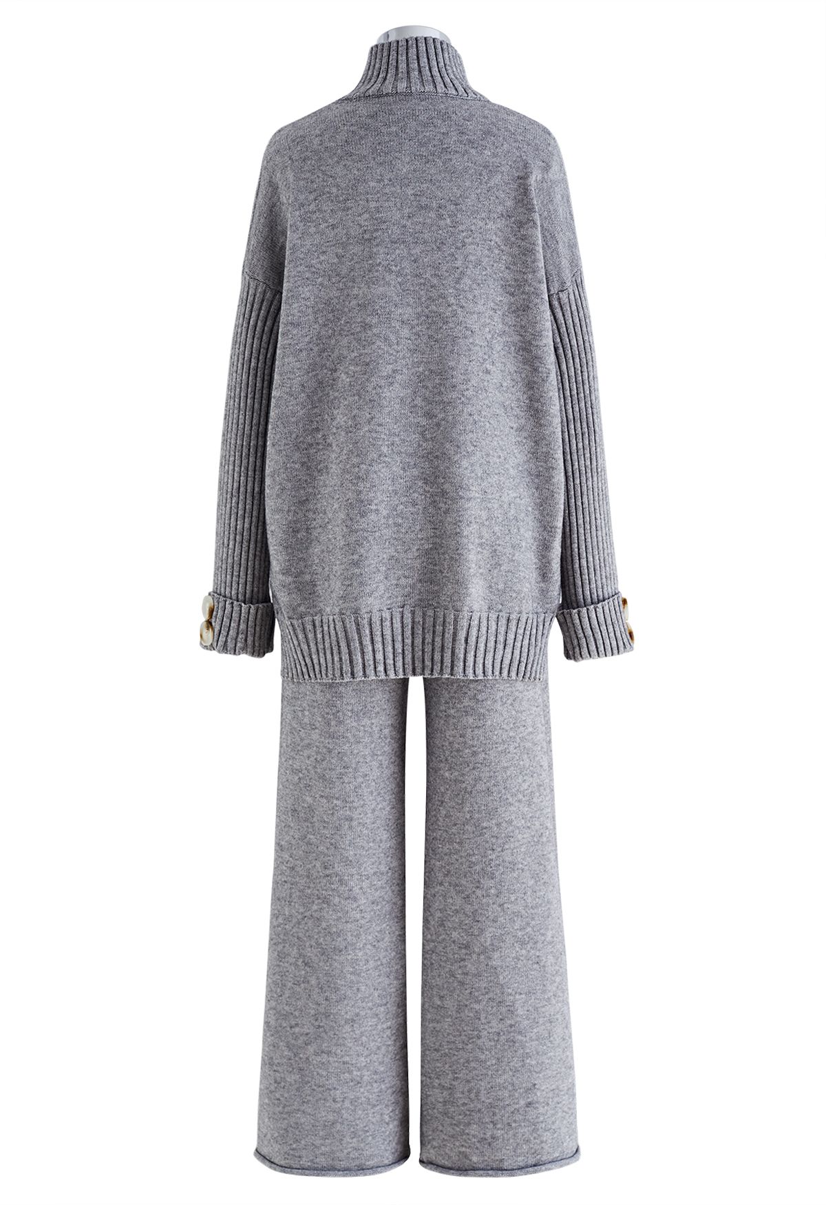 High Neck Buttoned Cuff Sweater and Knit Pants Set in Grey