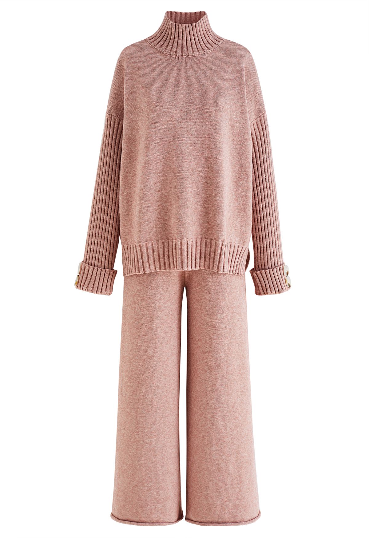 High Neck Buttoned Cuff Sweater and Knit Pants Set in Pink