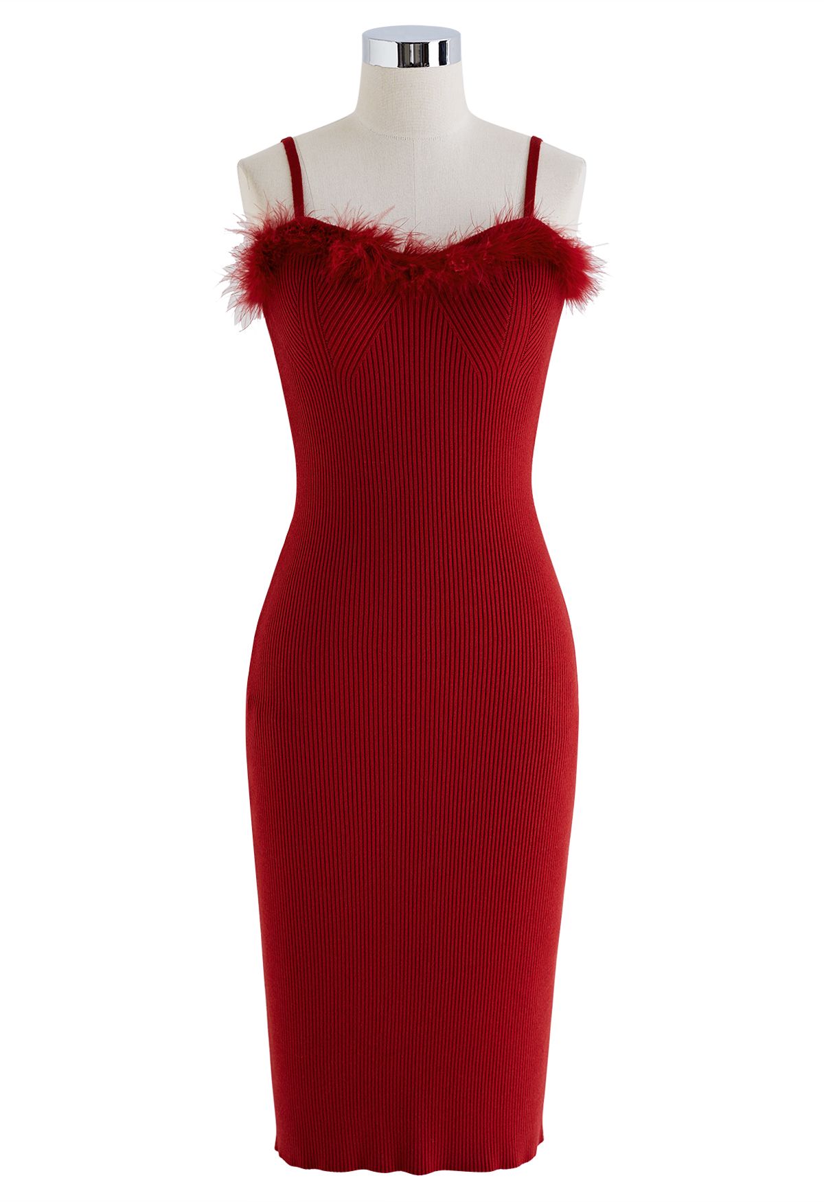 Feathered Ribbed Knit Twinset Dress in Burgundy