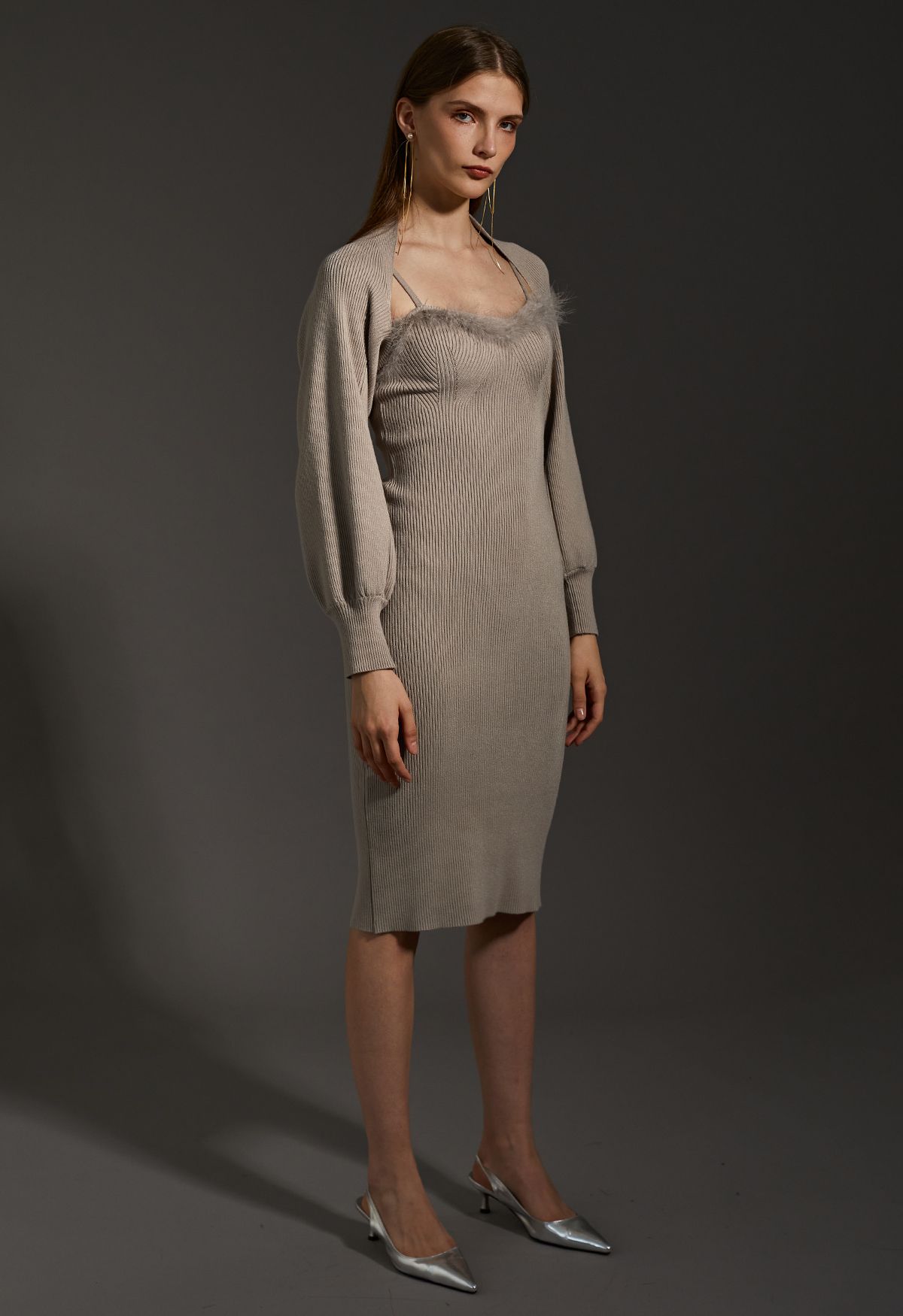 Feathered Ribbed Knit Twinset Dress in Taupe