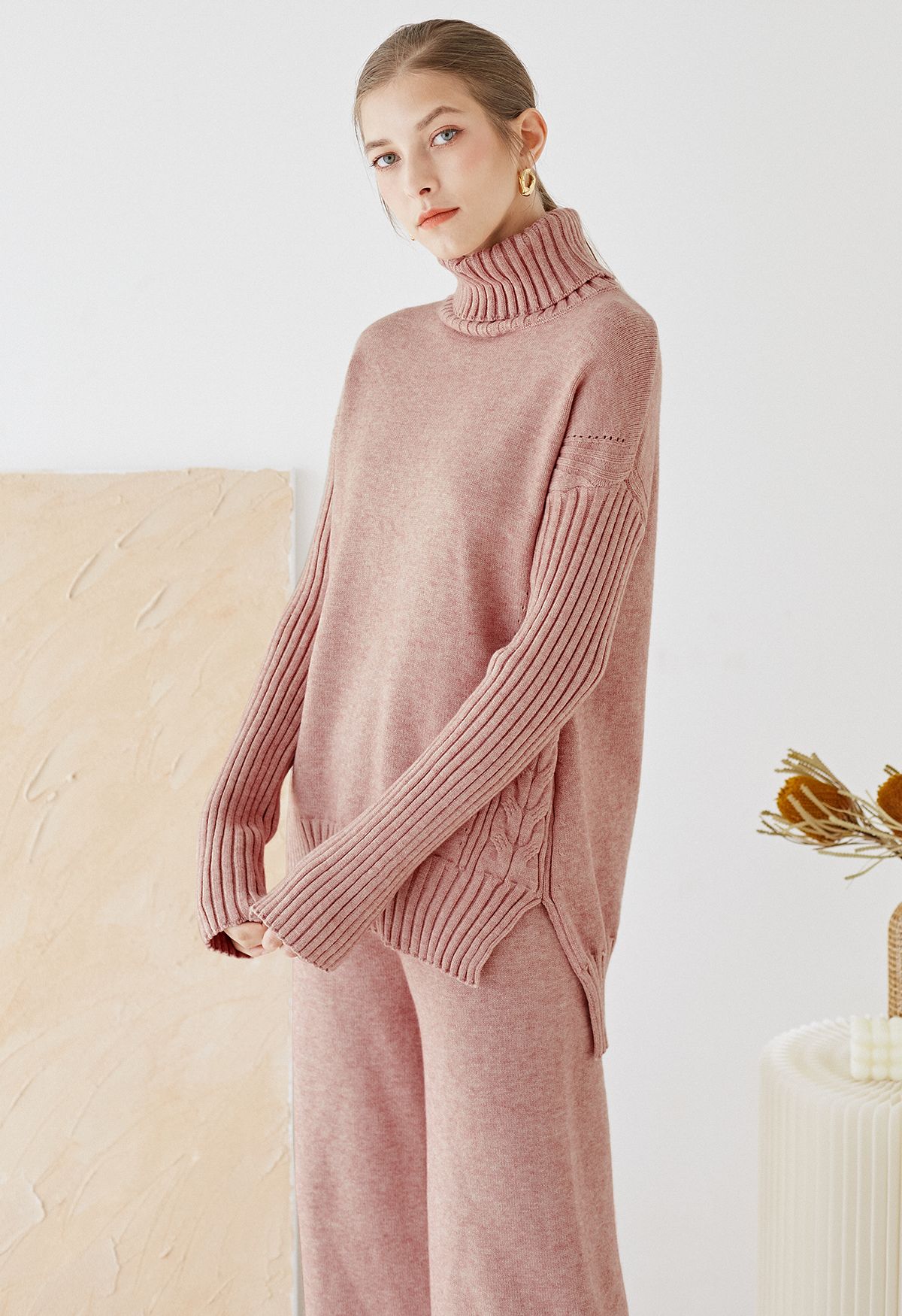 Turtleneck Hi-Lo Sweater and Knit Pants Set in Pink