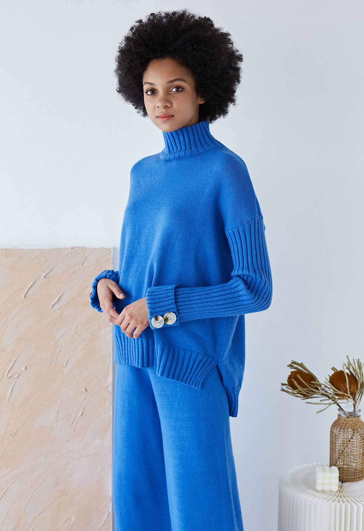 High Neck Buttoned Cuff Sweater and Knit Pants Set in Blue