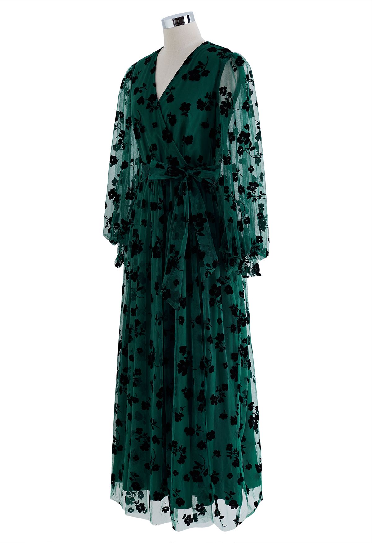 3D Posy Mesh Wrap Maxi Dress in Emerald