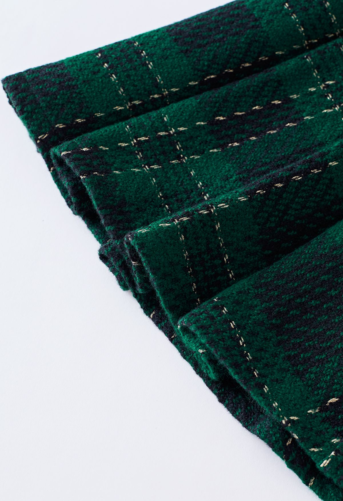 Metallic Plaid Tweed Crop Jacket and Pleated Skirt Set in Green