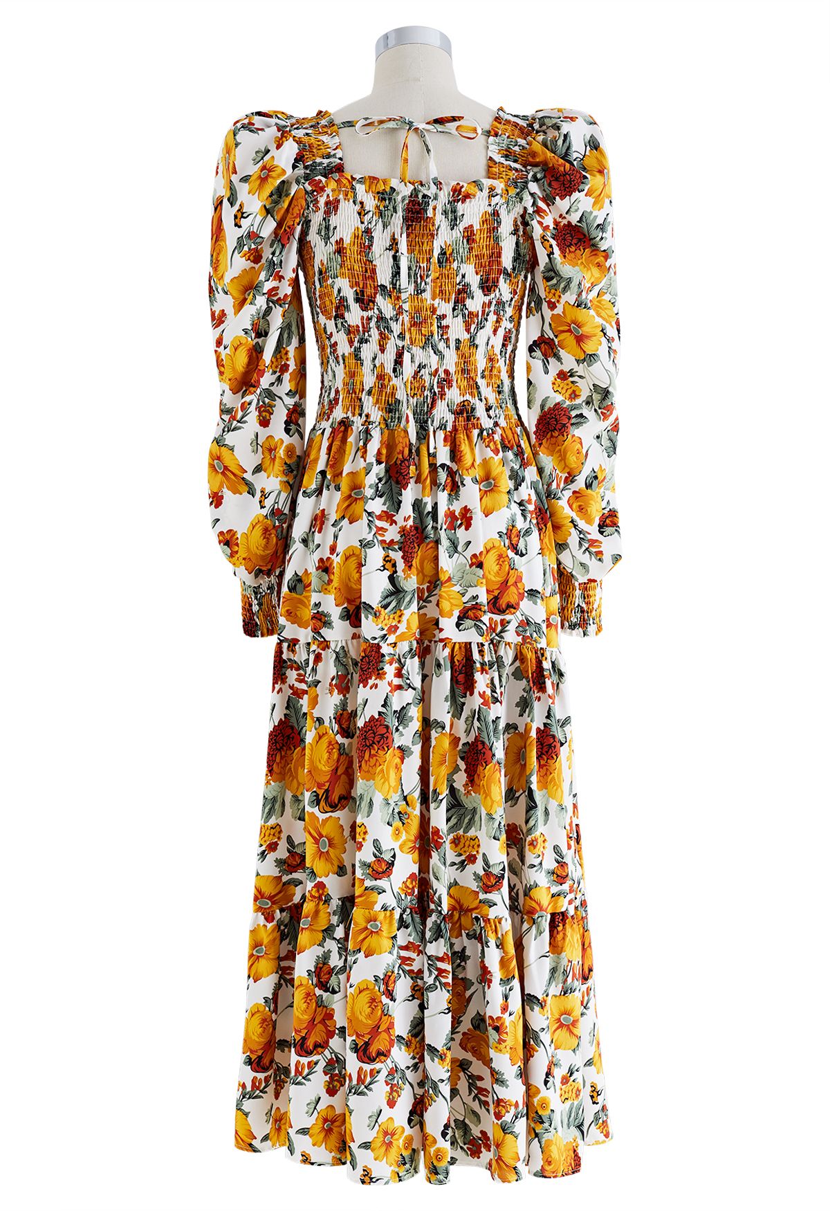 Ebullient Floral Shirred Chiffon Maxi Dress in Orange