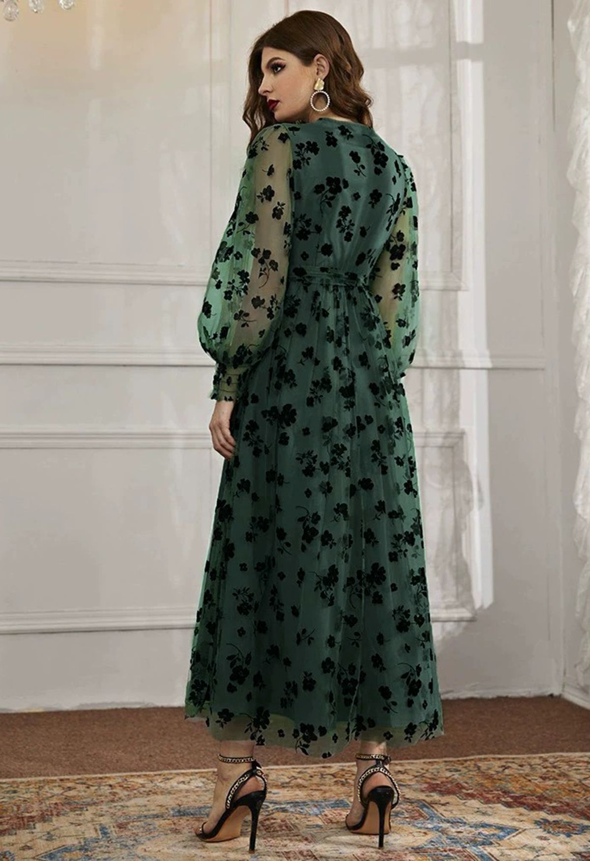 3D Posy Mesh Wrap Maxi Dress in Emerald