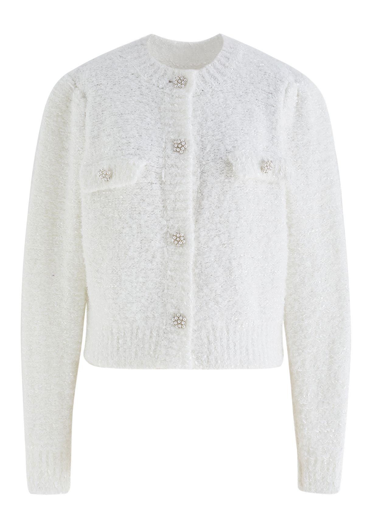 Pearly Button Shimmer Fuzzy Crop Cardigan in White