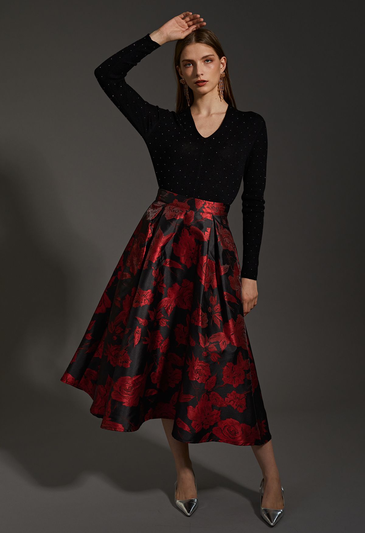 Mysterious Red Rose Jacquard A-Line Skirt