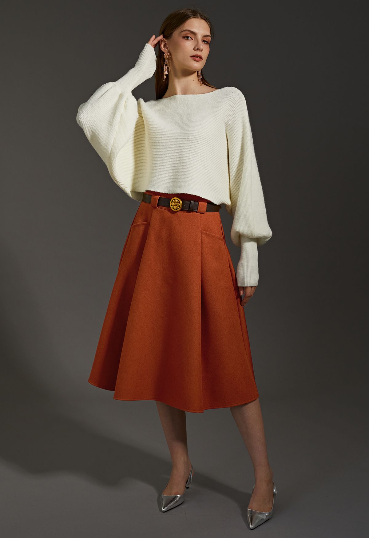 Belted Front Pocket Pleated Midi Skirt in Orange