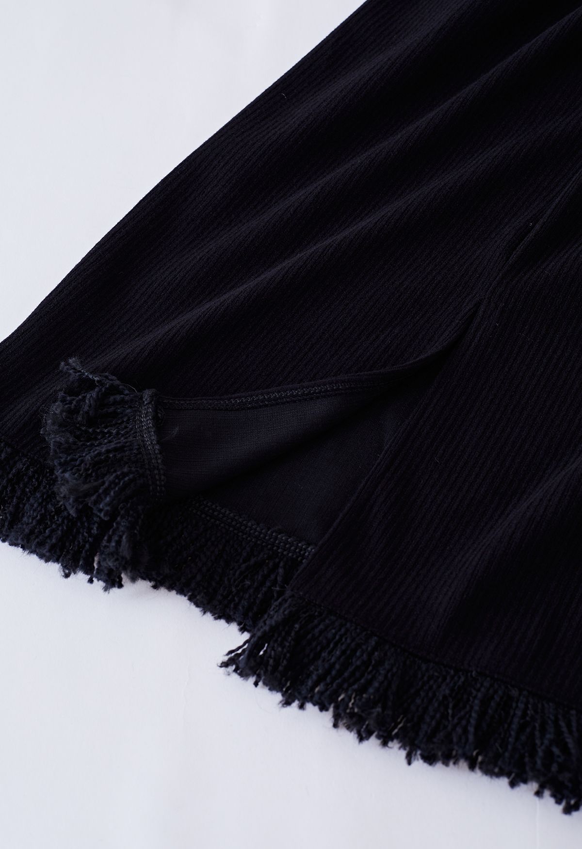 Fringed Slit Hem Ribbed Midi Skirt in Black