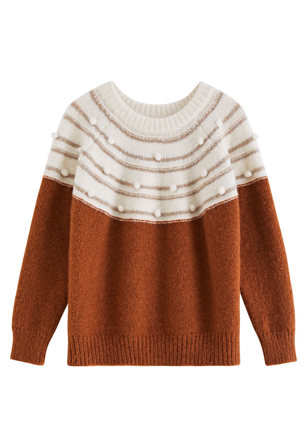 Pom-Pom Fuzzy Slouchy Knit Sweater in Caramel