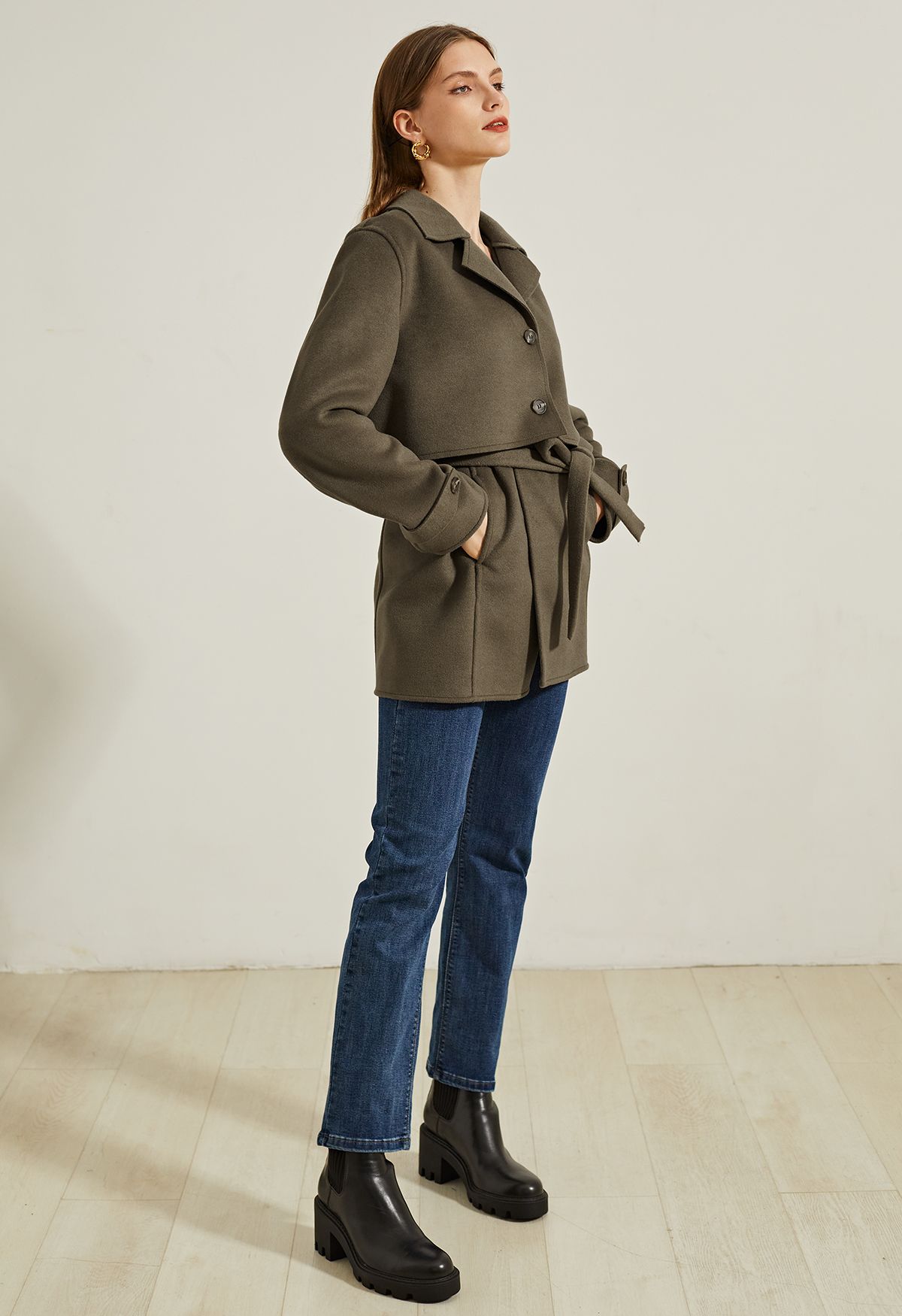 Wool-Blend Crop Blazer and Belted Vest Set in Brown