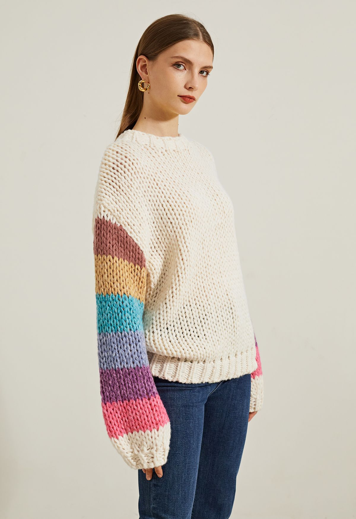 Colorblock-Sleeve Hand Knit Sweater