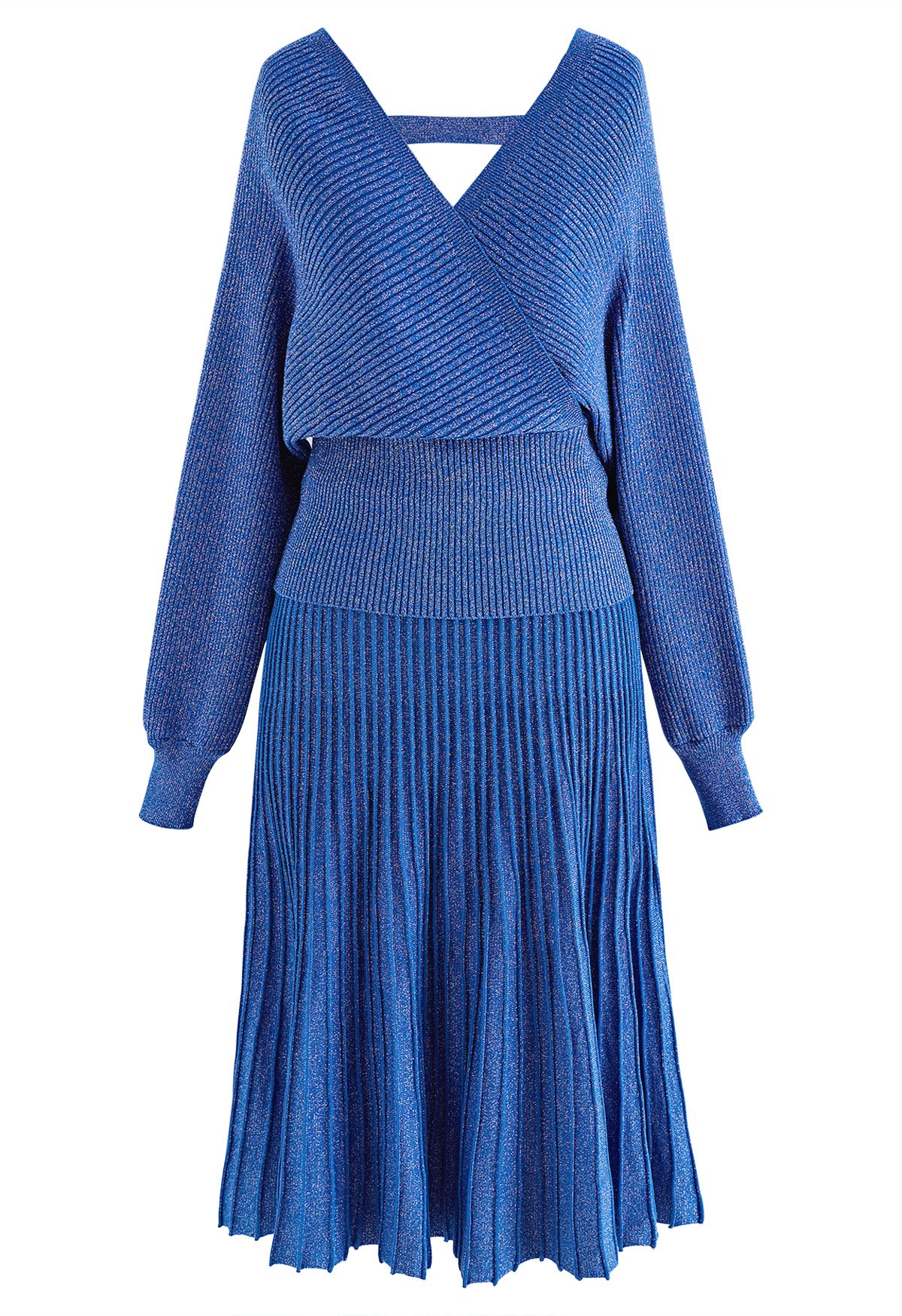 Glittering Ribbed Wrap Top and Pleated Skirt Knit Set in Blue