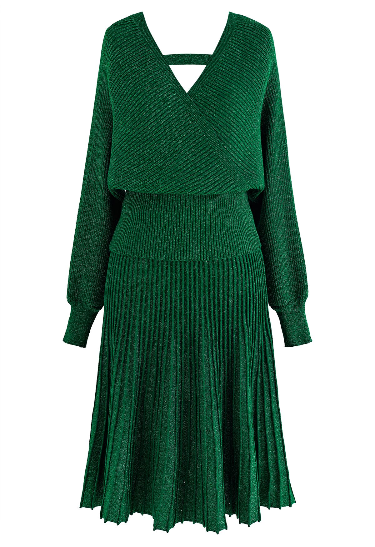 Glittering Ribbed Wrap Top and Pleated Skirt Knit Set in Emerald