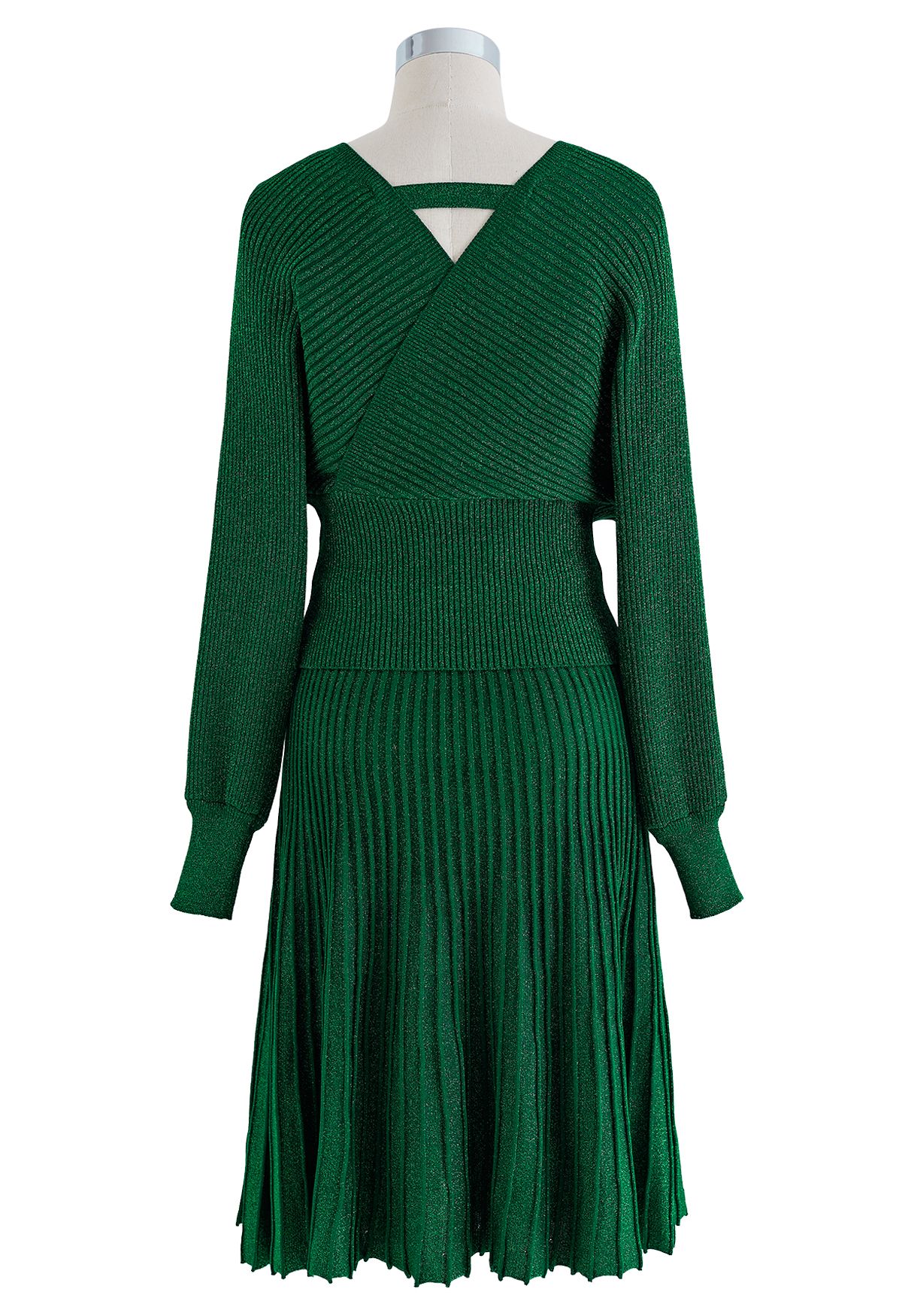 Glittering Ribbed Wrap Top and Pleated Skirt Knit Set in Emerald