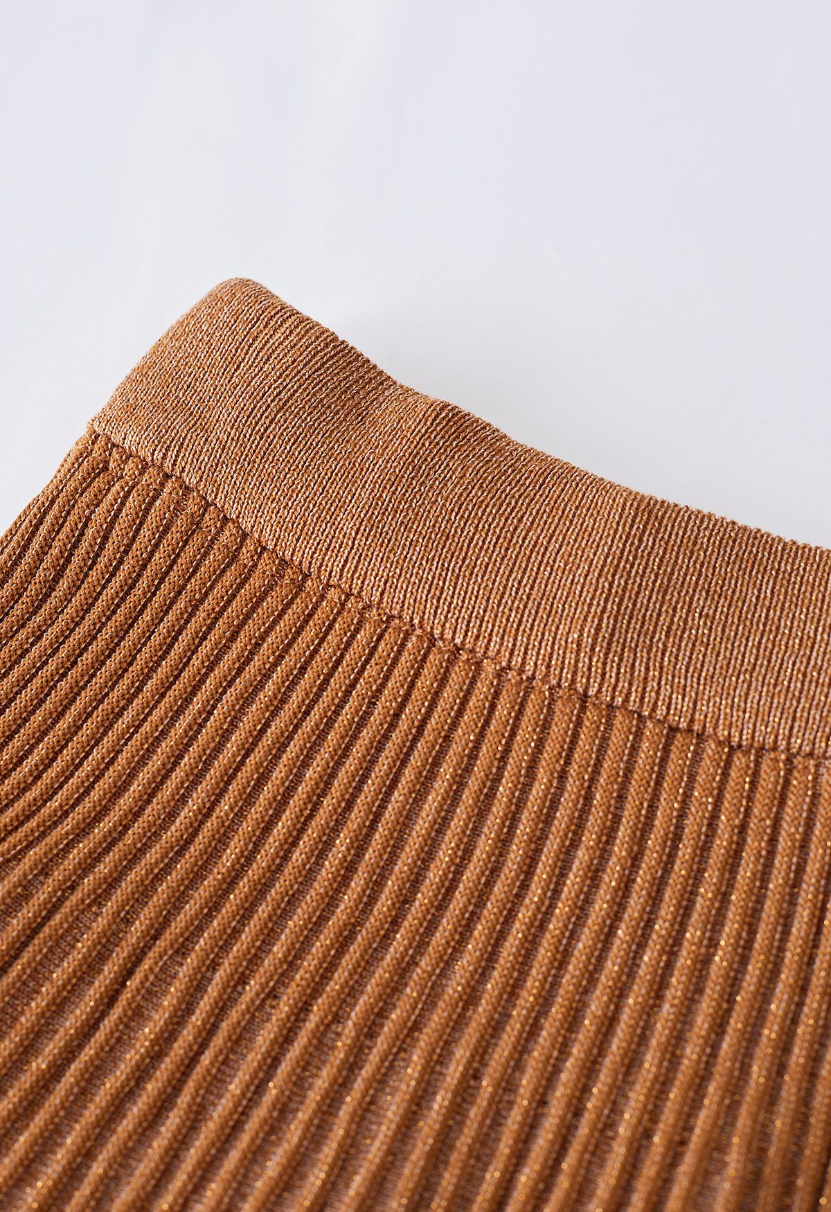 Glittering Ribbed Wrap Top and Pleated Skirt Knit Set in Caramel