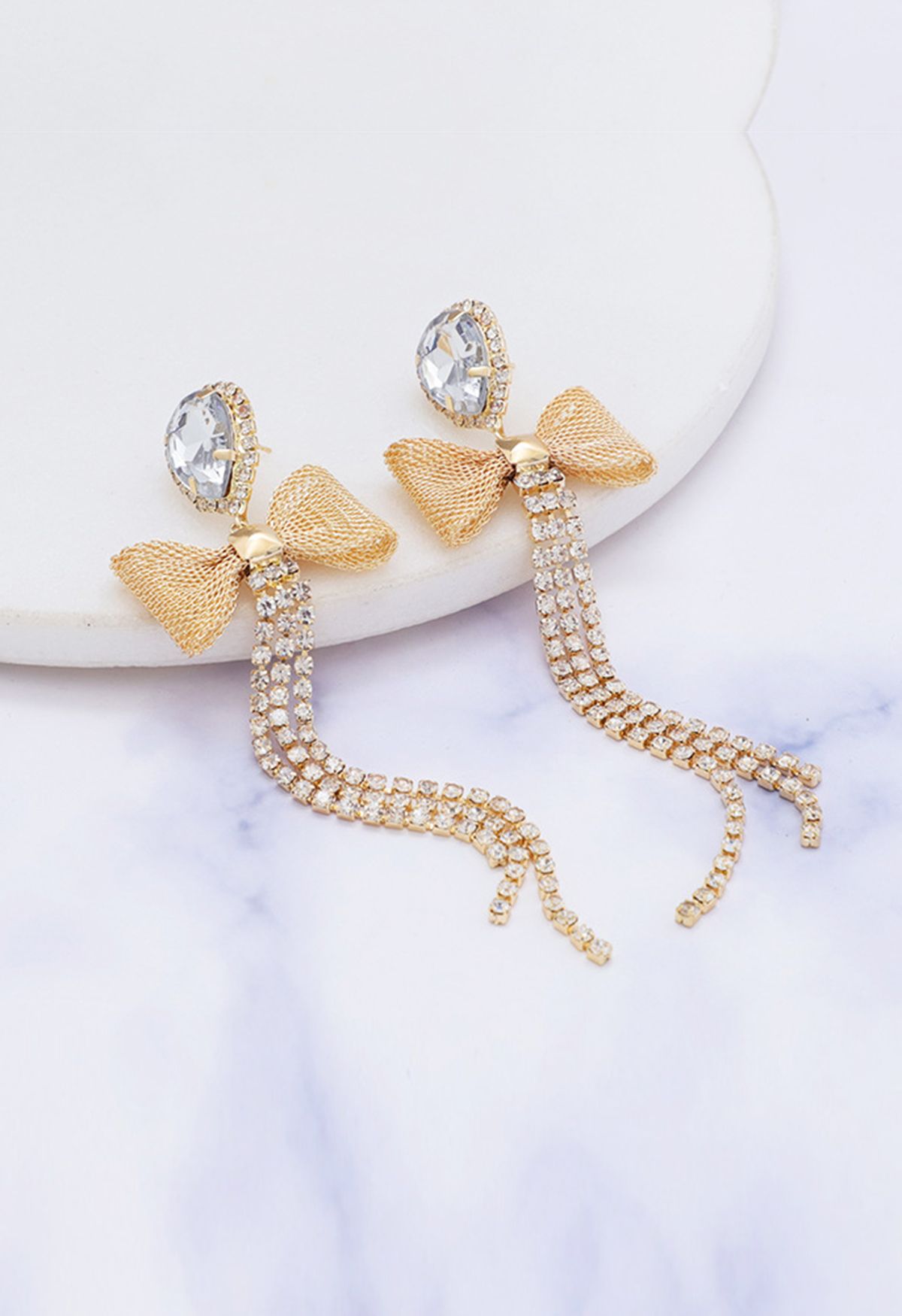 Bowknot Rhinestone Tassel Dangle Earrings