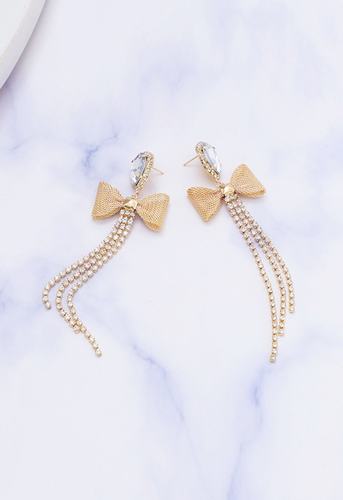 Bowknot Rhinestone Tassel Dangle Earrings