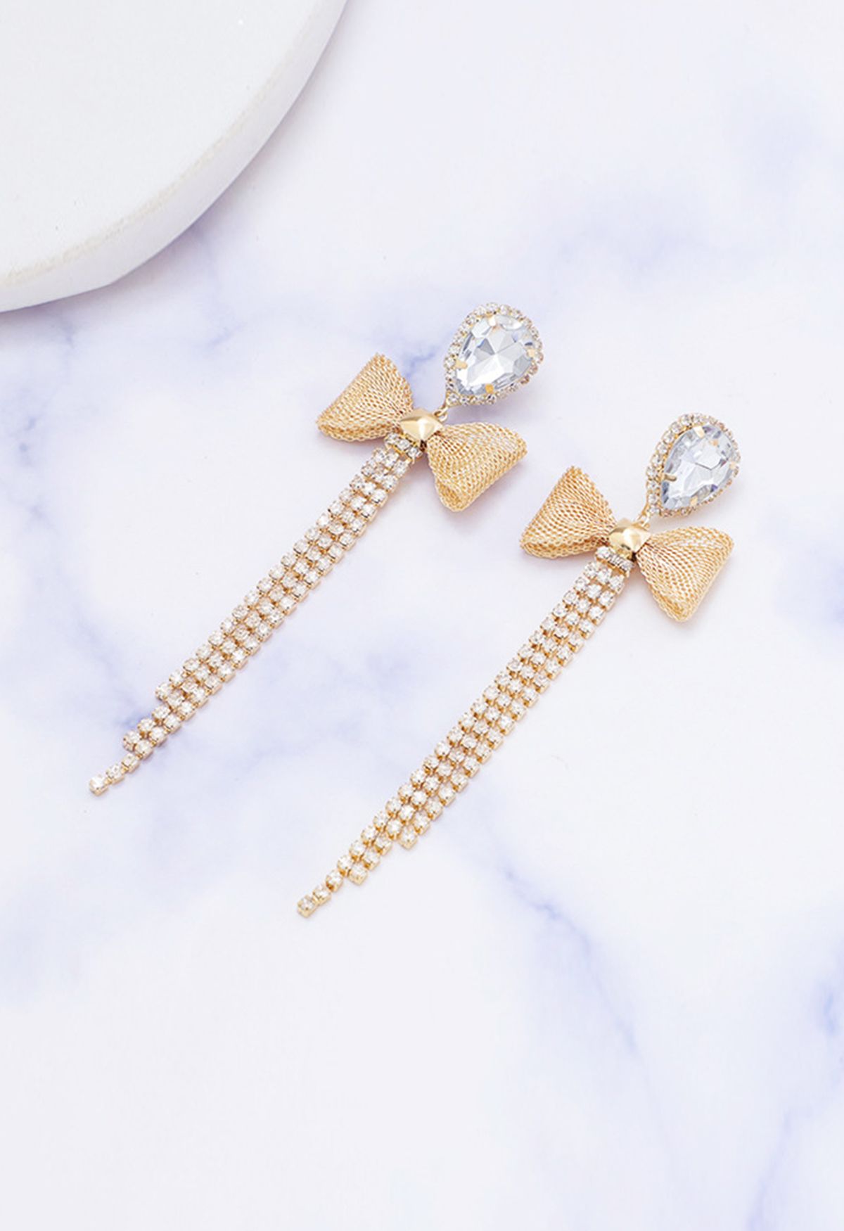 Bowknot Rhinestone Tassel Dangle Earrings