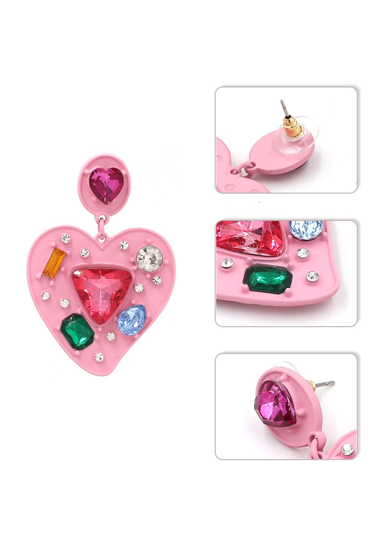 Heart Shape Multi Color Crystal Earrings in Pink