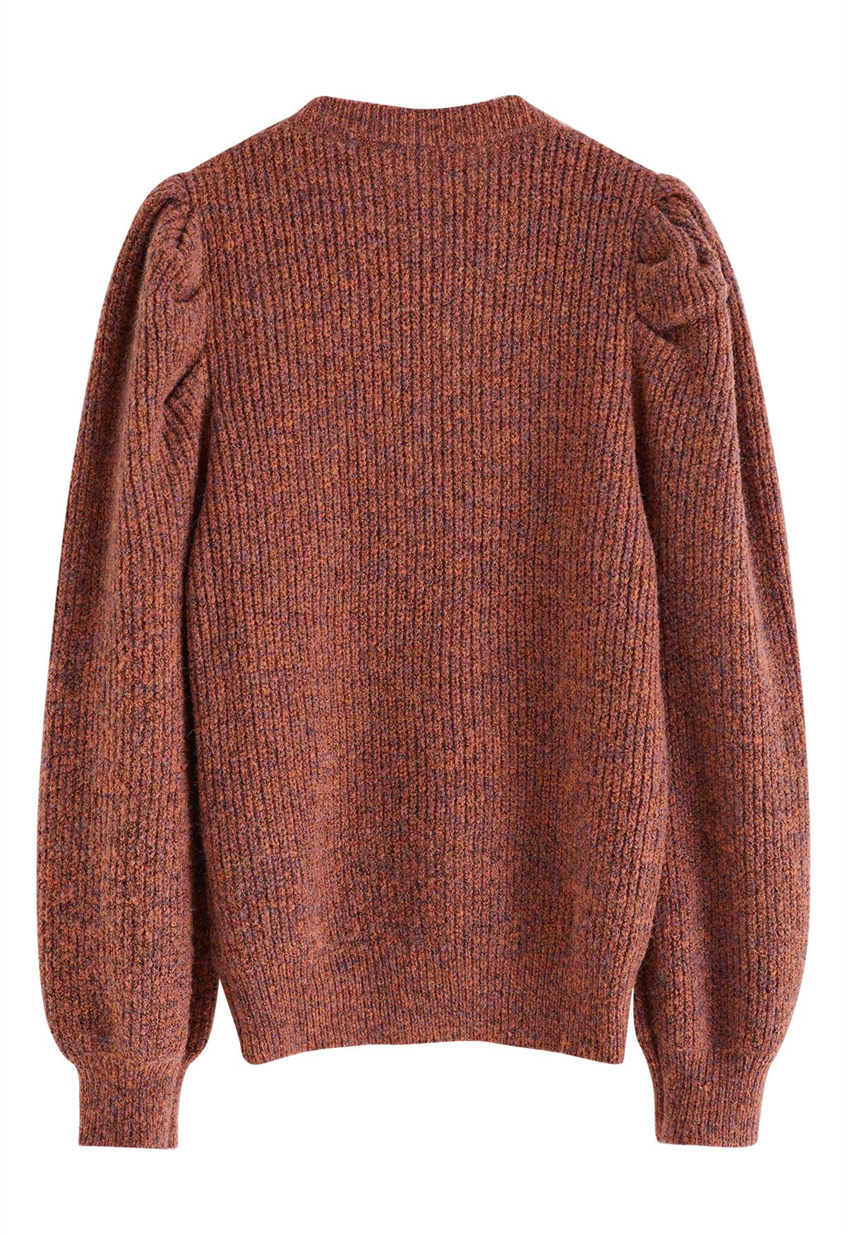 Mix-Knit Puff Sleeve Ribbed Sweater in Rust Red