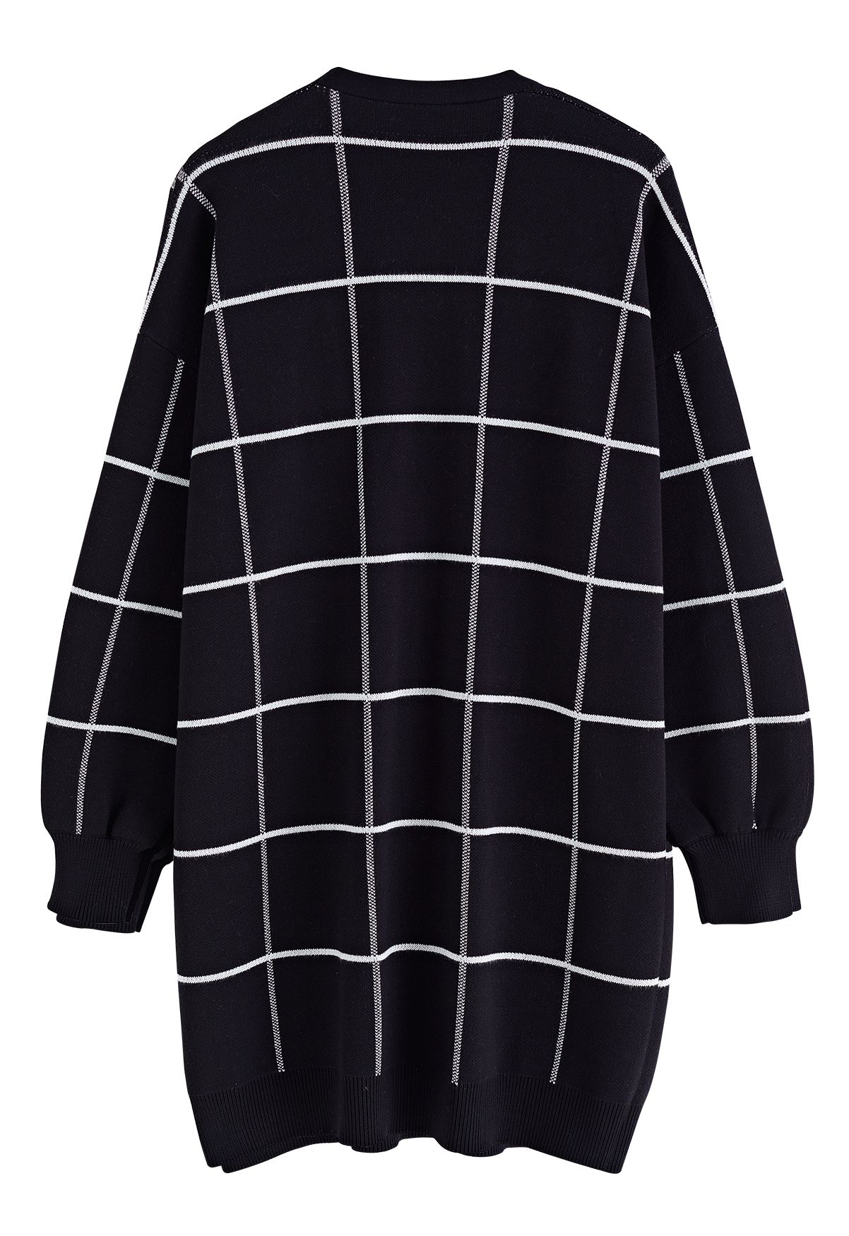Grid Open Front Longline Knit Cardigan in Black