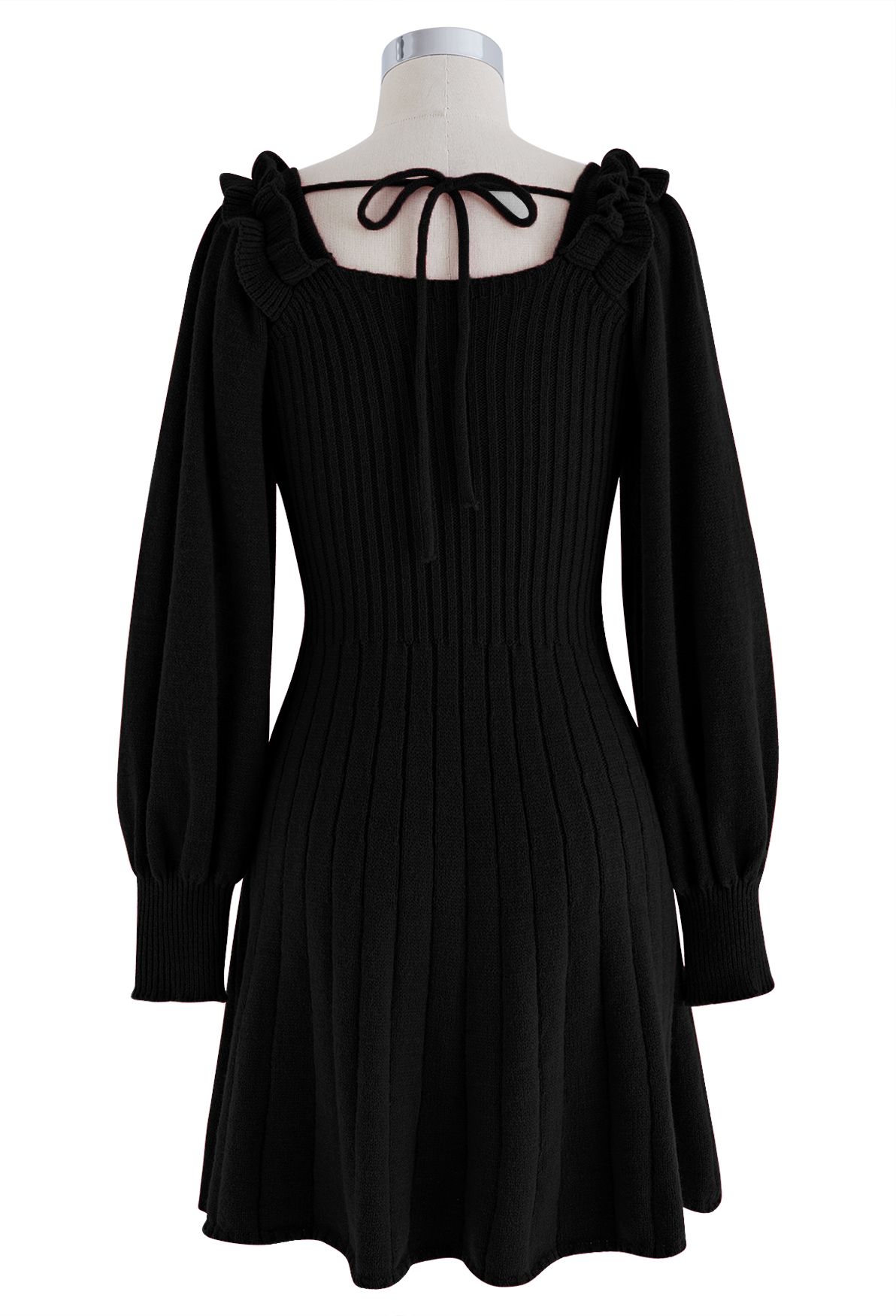 Tie-Bow Scoop Neck Knit Mini Dress in Black