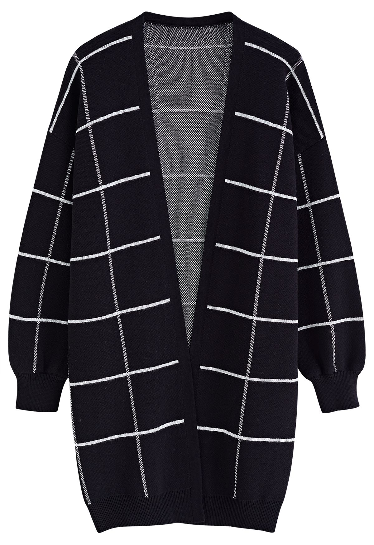 Grid Open Front Longline Knit Cardigan in Black