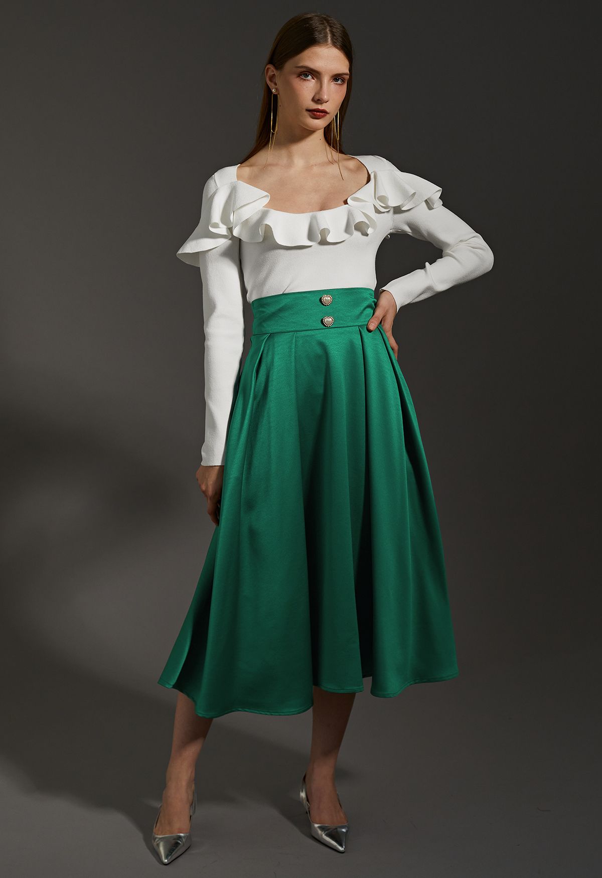 Pearl Heart Buttoned A-Line Midi Skirt in Emerald