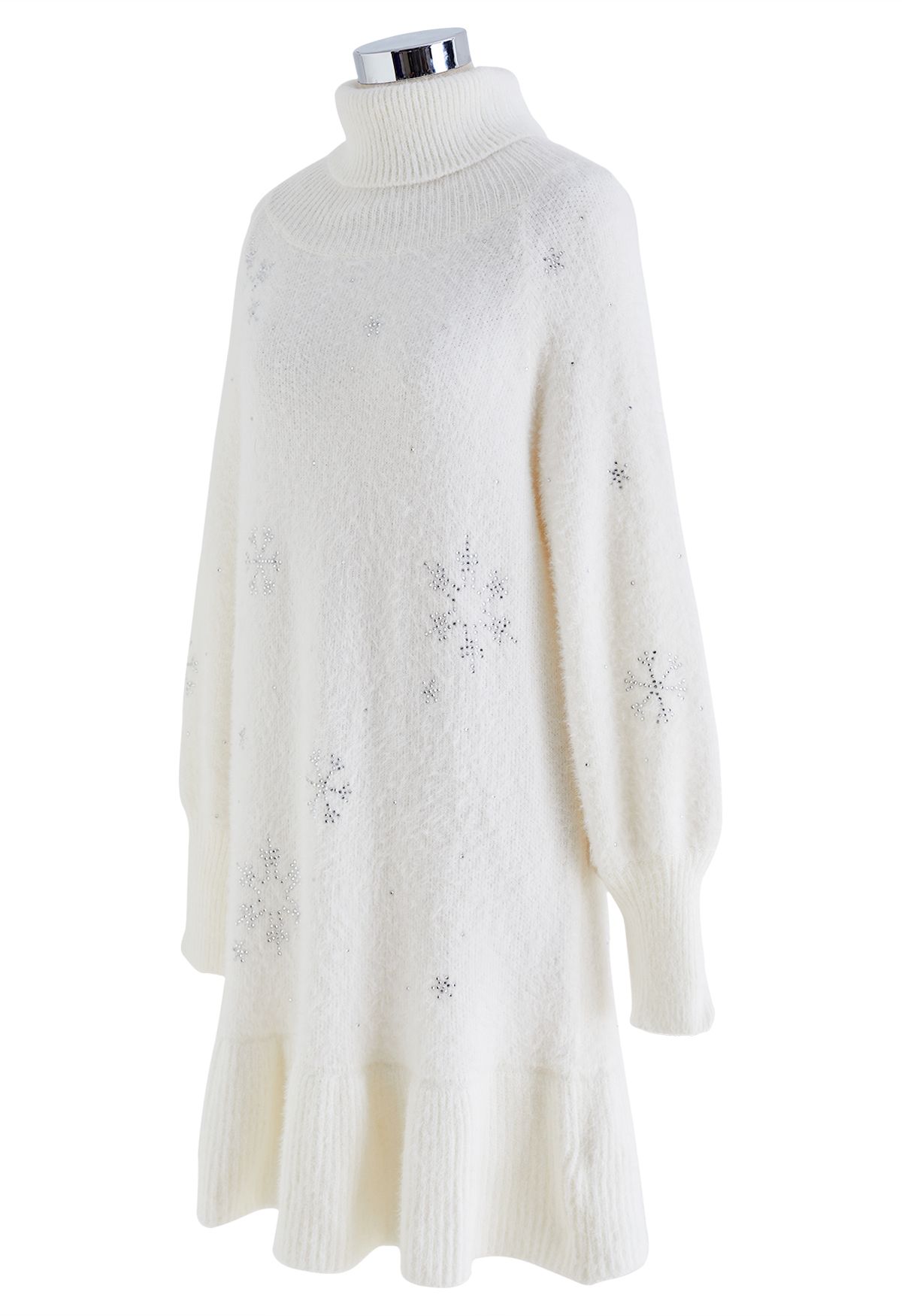 Rhinestone Snowflake Turtleneck Fuzzy Knit Dress in White