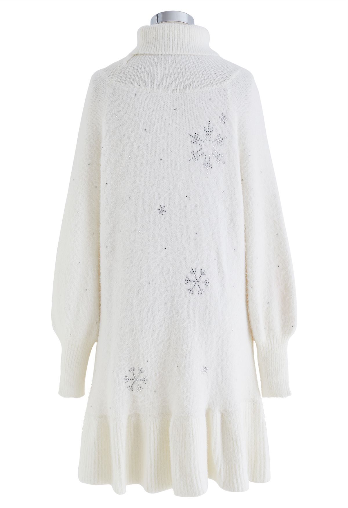 Rhinestone Snowflake Turtleneck Fuzzy Knit Dress in White