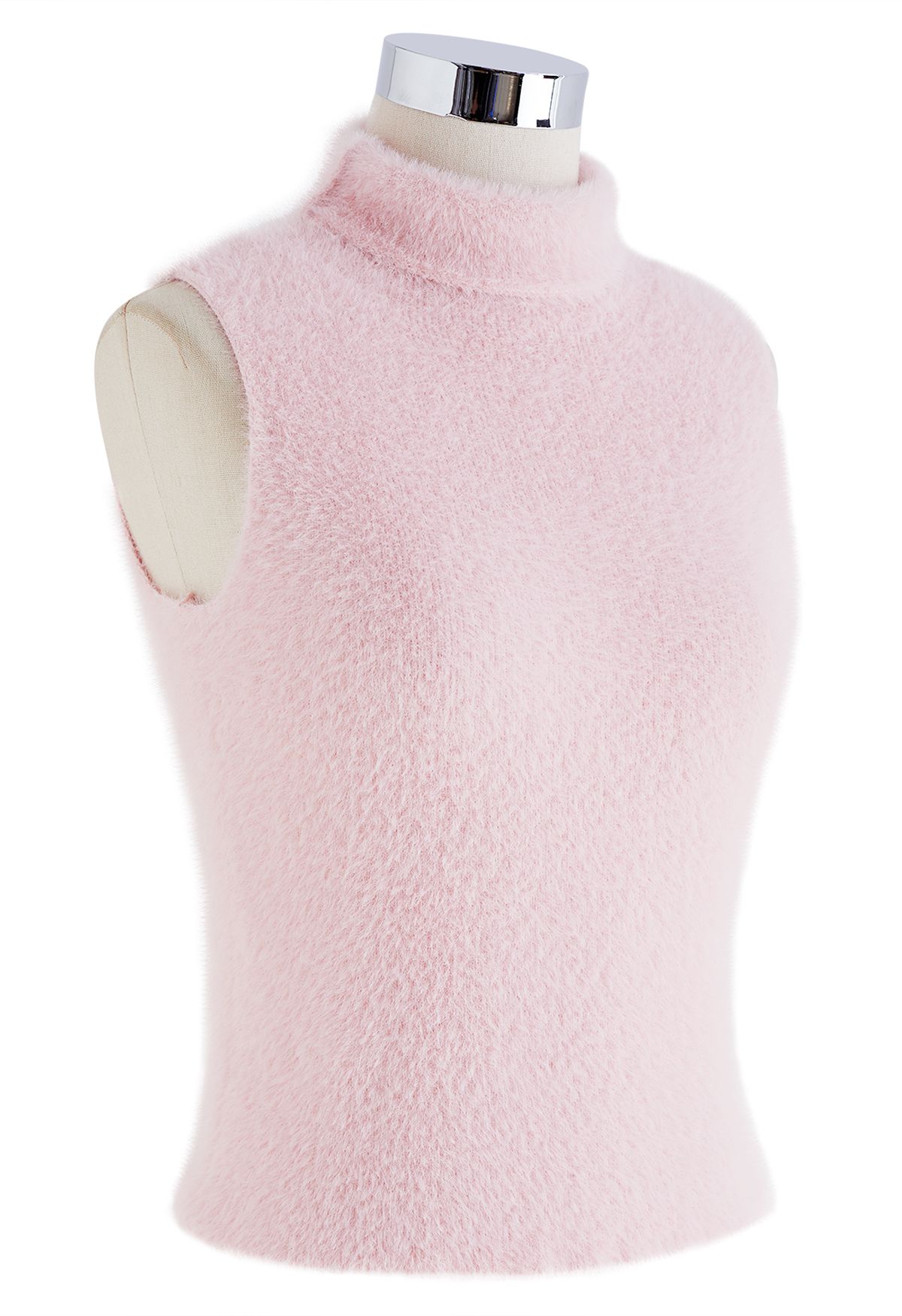 High Neck Fuzzy Knit Tank Top in Pink