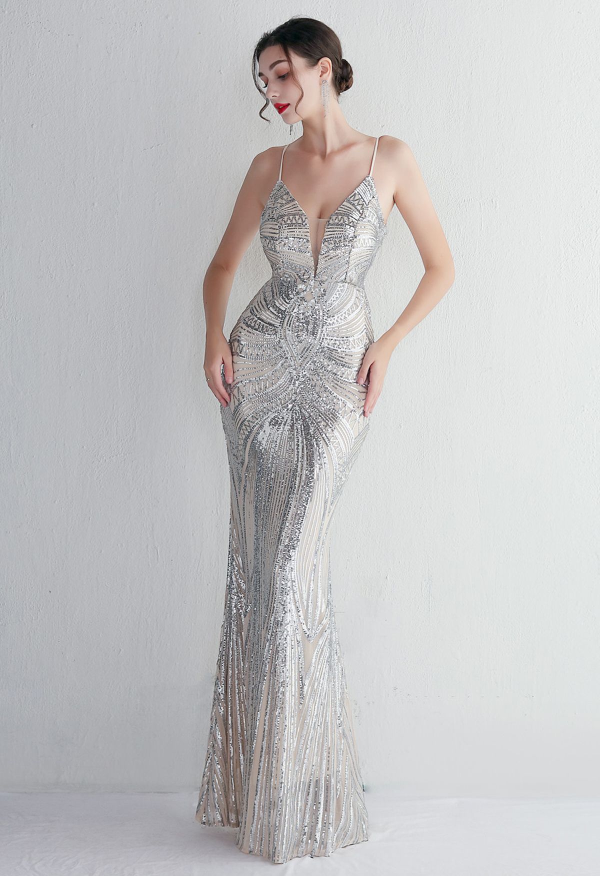 Glimmer Sequin Mermaid Cami Gown in Silver