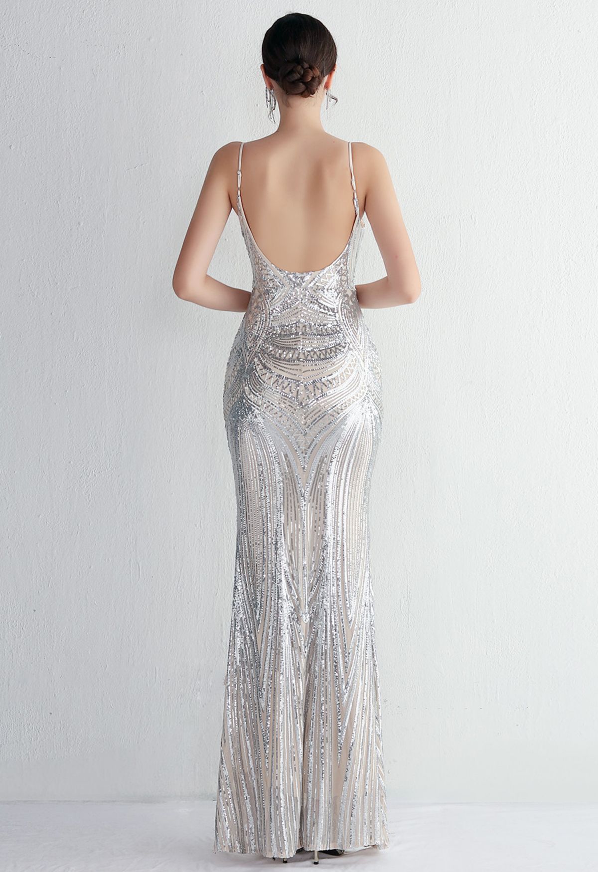 Glimmer Sequin Mermaid Cami Gown in Silver