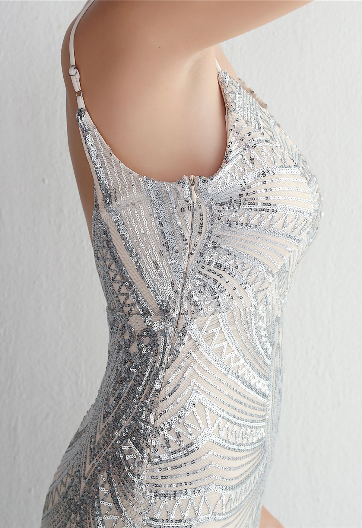 Glimmer Sequin Mermaid Cami Gown in Silver