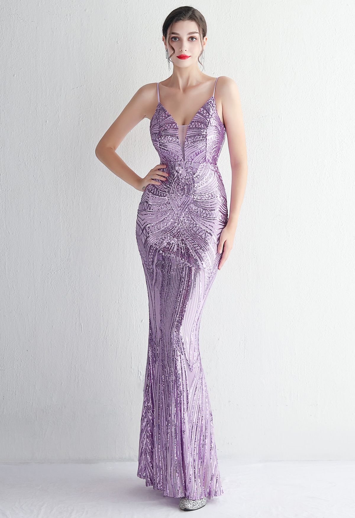 Glimmer Sequin Mermaid Cami Gown in Purple