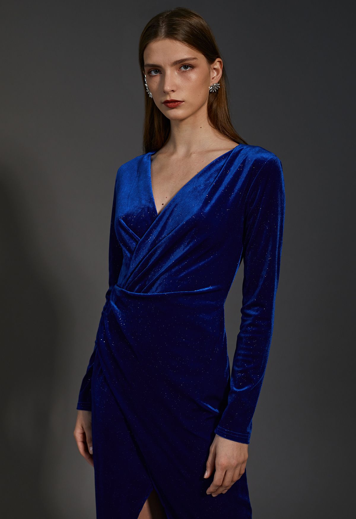 Glittery Velvet Wrap Midi Dress in Blue