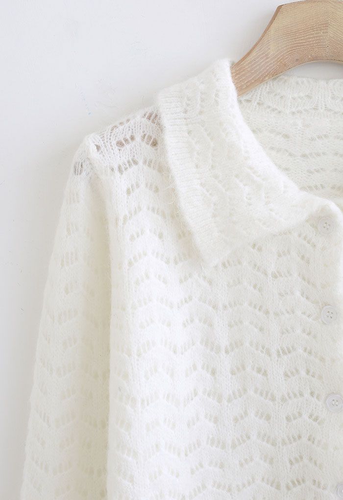 Hollow Out Collared Cropped Knit Cardigan in White