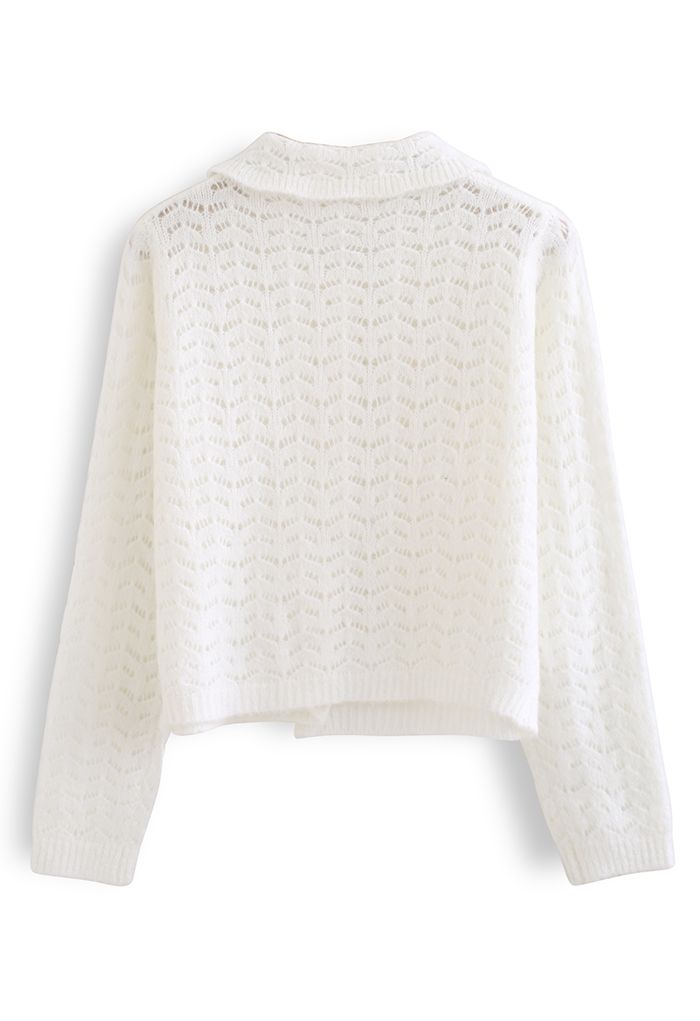 Hollow Out Collared Cropped Knit Cardigan in White