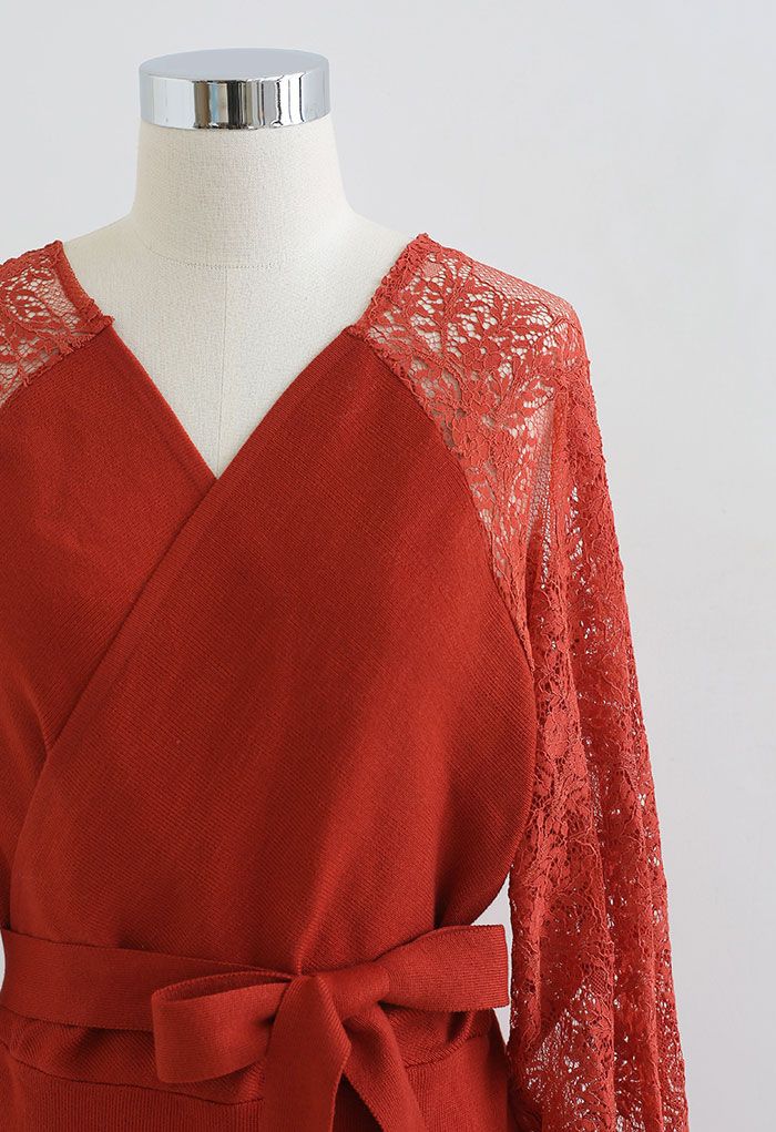 Lacy Sleeve Wrapped Knit Dress in Red