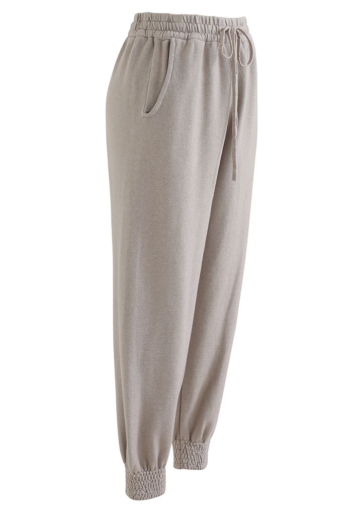 Knitted Drawstring Waist Tapered Joggers in Sand