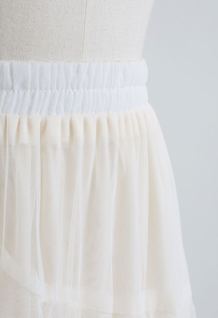 Airy Tiered Ruffle Mesh Tulle Midi Skirt in Cream