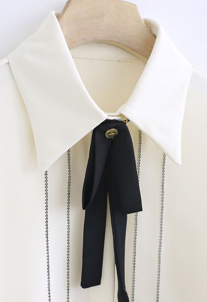 Bowknot Necklace Stitched Shirt in Ivory