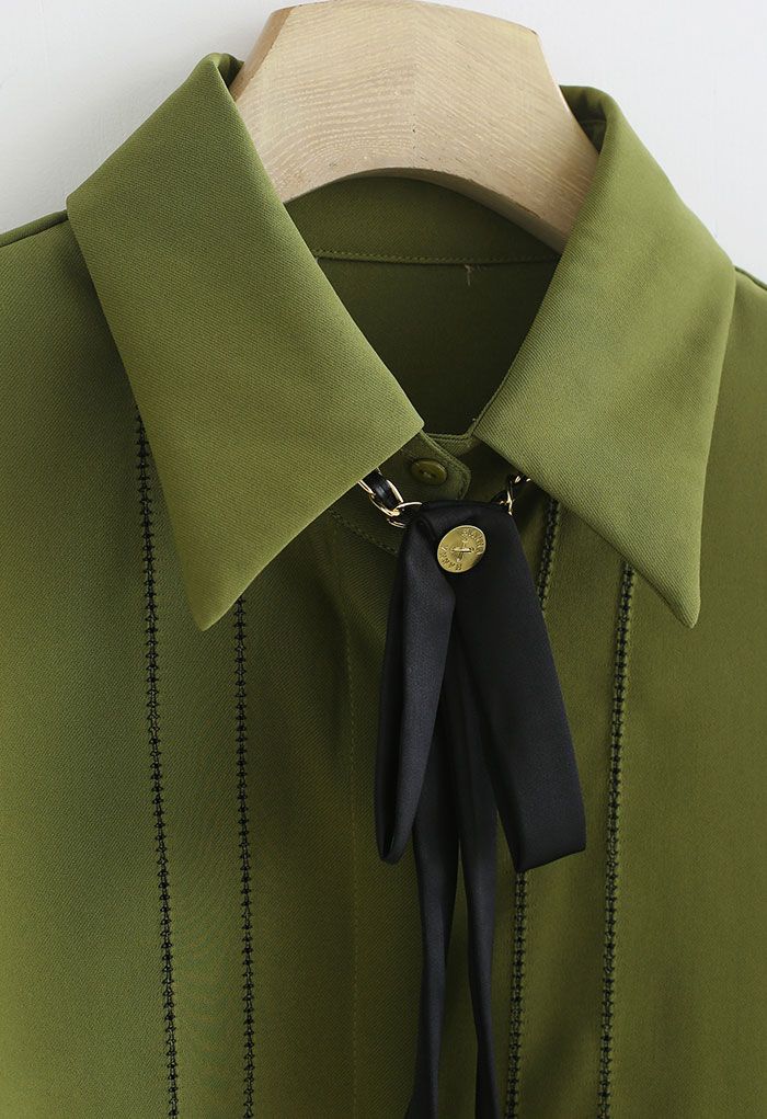 Bowknot Necklace Stitched Shirt in Avocado
