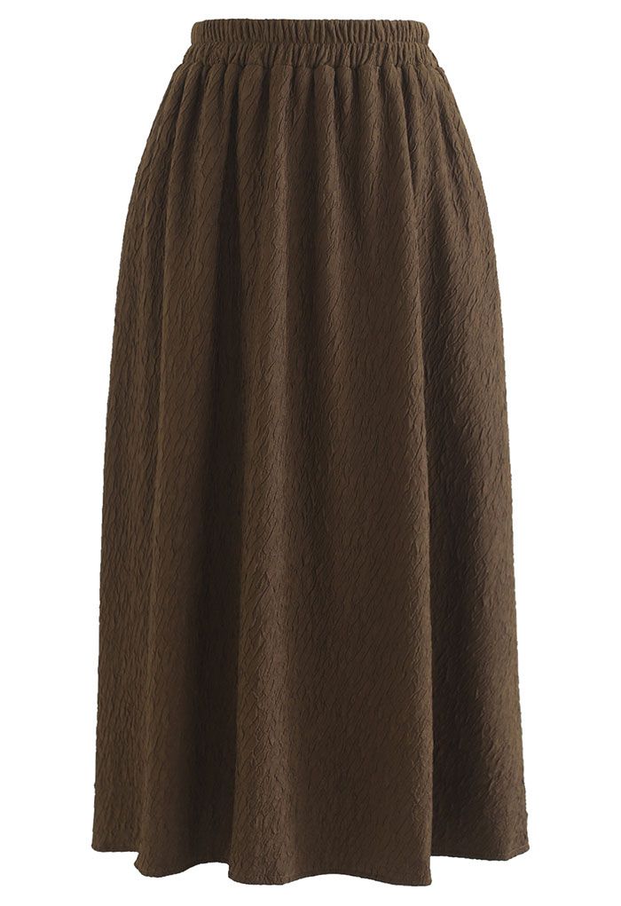 Cracking Embossed A-Line Midi Skirt in Brown