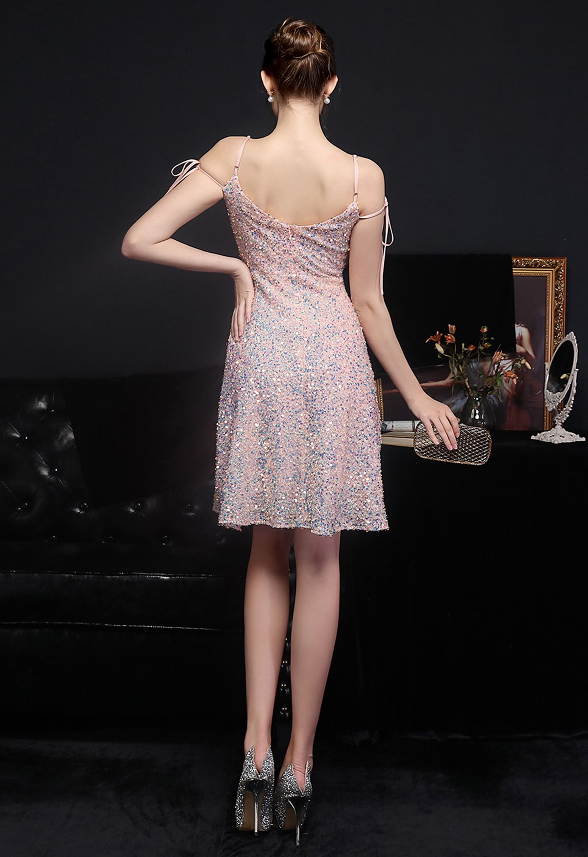 Enchanting Sequined Tie-String Cocktail Dress in Pink