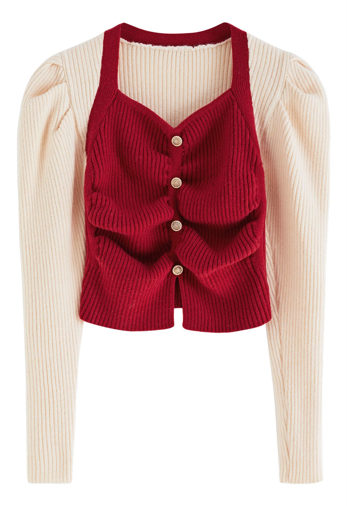 Contrast Color Buttoned Puff Sleeve Knit Sweater in Red